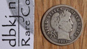 1913 (P) Liberty Head Barber Silver Dime 10ยข