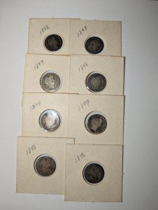 Set of 8 Vintage 1892-1899 Barber Dimes