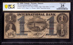 1858 $1 International Bank of Canada Note
