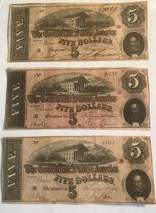 1864 $5 Confederate Currency T-69 - 3 Notes