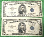 1953 $5 Blue Seal Silver Certificate Bills (2)