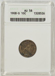 1908-S Barber Silver Dime ANACS AU58