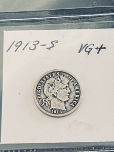1913-S Barber Dime - Low Mintage, VG+