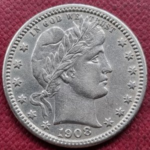 1908 D Barber Quarter 25c - High Grade AU