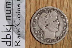 1916 Barber Quarter Silver Coin - Very Good