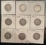Barber Quarters - Silver Lot of 9 Coins