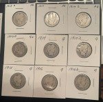 Barber Quarters - Silver Lot of 9 Coins