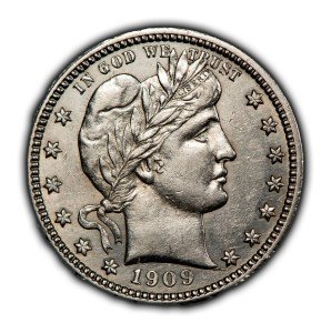 1909 Silver Barber Quarter - UNC Glassy Fields