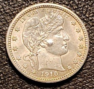1910-P Barber Quarter Silver Coin – AU/BU Details