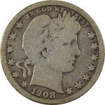 1908 S Barber Quarter 90% Silver Coin 25c