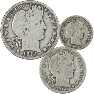 Barber Silver Coin 3-Piece Set: Dime, Quarter, Half Dollar