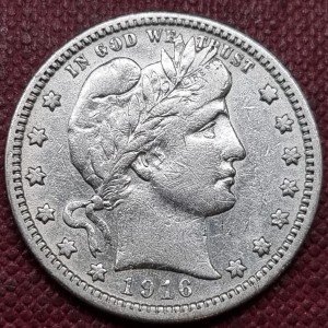1916 Barber Quarter - High Grade AU Details
