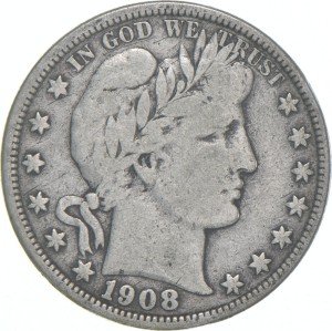 1908-D Barber Half Dollar Coin, Average Circulation