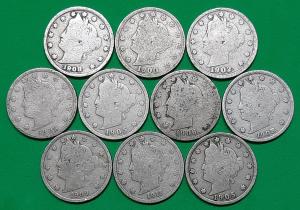 Ten Liberty V Nickels - Great Date Variety!