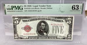 1928 $5 Red Seal Legal Tender Note - PMG 63