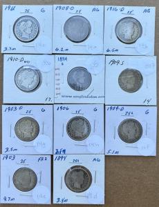 Lot of 11 Barber Silver Quarters 1894-1916