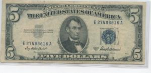 1953-A $5 Blue Seal Silver Certificate Note