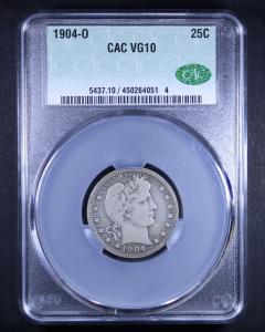1904-O Barber Quarter - CACG VG10 - Nice Look