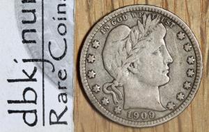 1909 Barber Quarter Silver 25¢ - Very Fine