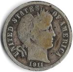1911-S Barber Dime 90% Silver Coin