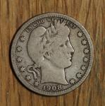 1908 D Barber Quarter Silver Coin 25¢