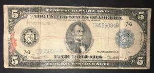 1914 $5 Blue Seal Lincoln Note - Rare Currency