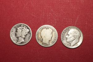 Set of 3 Silver Dimes: Barber, Mercury, Roosevelt