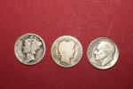 Set of 3 Silver Dimes: Barber, Mercury, Roosevelt
