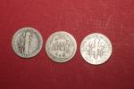 Set of 3 Silver Dimes: Barber, Mercury, Roosevelt
