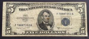 1953 $5 Blue Seal Silver Certificate Rare Note