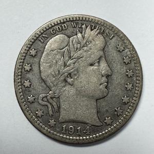 1914 D Barber Quarter 90% Silver Liberty Head
