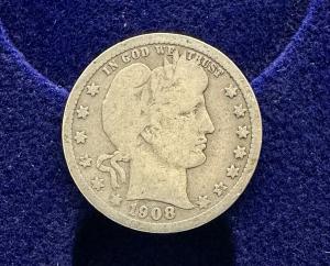 1908(D) U.S. Barber Quarter SILVER KM 114