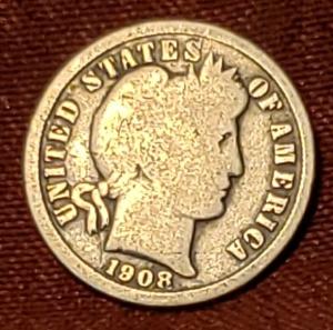 1908-P Barber Dime 90% Silver Coin