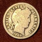 1908-P Barber Dime 90% Silver Coin