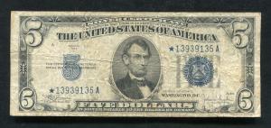 1934-C $5 Star Blue Seal Silver Certificate Note