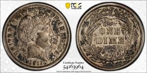 1911 Barber Silver Dime Philadelphia Mint PCGS AU 55