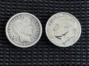Lot of 2 Dimes: 1911-P Barber & 1959 Roosevelt