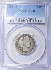1914-S Barber Quarter - PCGS VG08 Grade