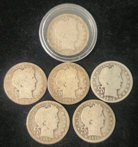 Set of Six Early Barber Quarters