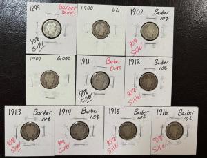 Ten Barber Dimes 90% Silver Circulated 1899-1916