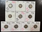 Ten Barber Dimes 90% Silver Circulated 1899-1916