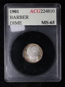 1901 Barber Dime Uncirculated Coin with Toning