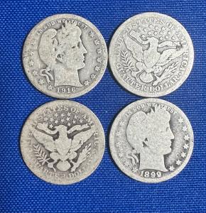 Four Barber Quarters 90% Silver in Felt Bag