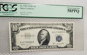1953 Blue Seal $10 Silver Certificate PCGS 58PPQ