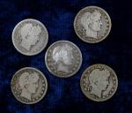 Five Silver Barber Quarters 1894O, 1909, 1909D, 1910