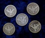 Five Silver Barber Quarters 1894O, 1909, 1909D, 1910