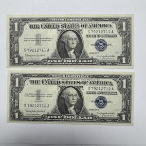 1957B Blue Seal Consecutive Pair $1 Silver Certificates