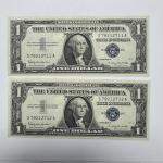 1957B Blue Seal Consecutive Pair $1 Silver Certificates