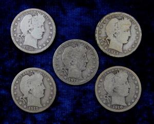 Five Silver Barber Quarters 1910D to 1916D