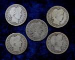 Five Silver Barber Quarters 1910D to 1916D